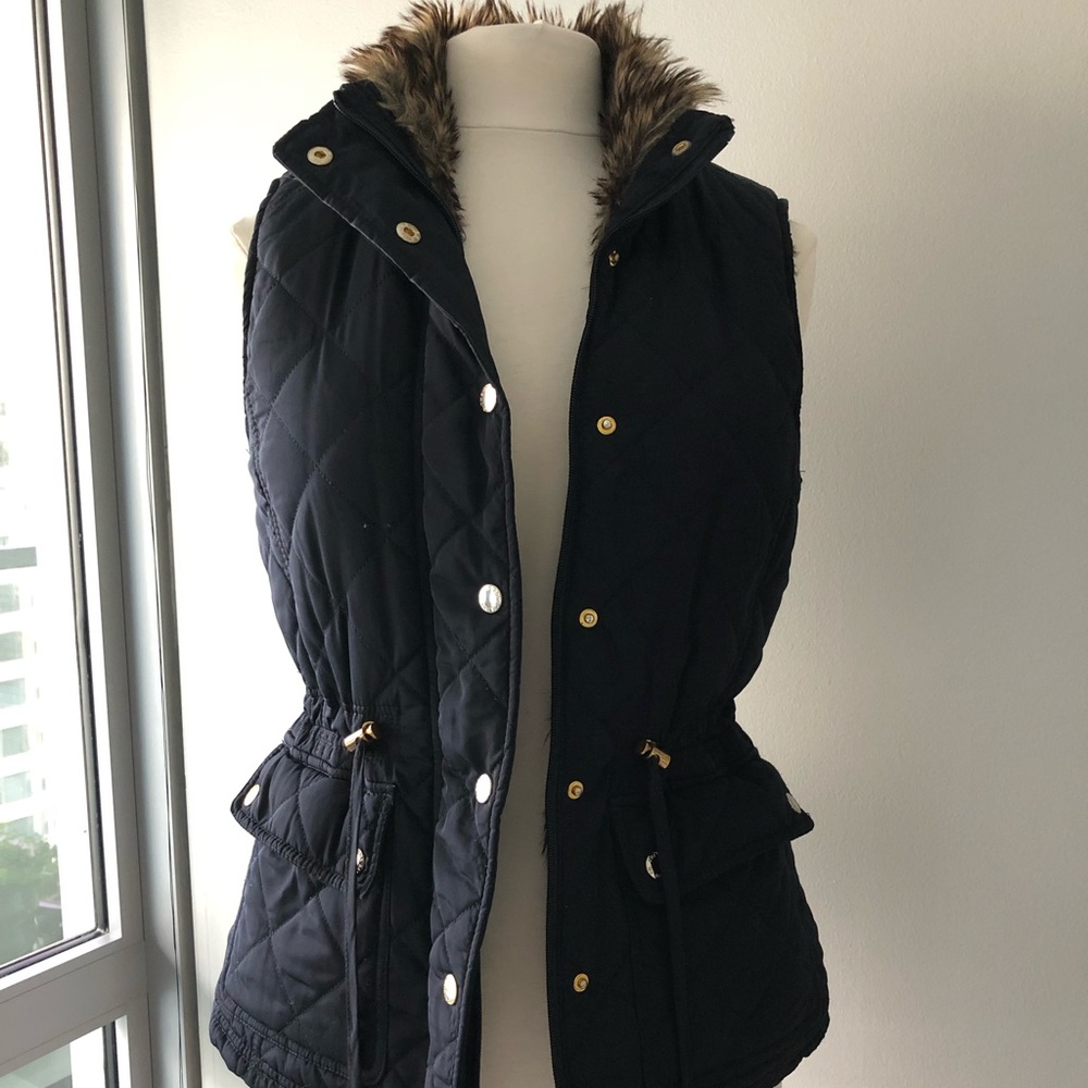 Navy blue faux fur lined vest with gold detail